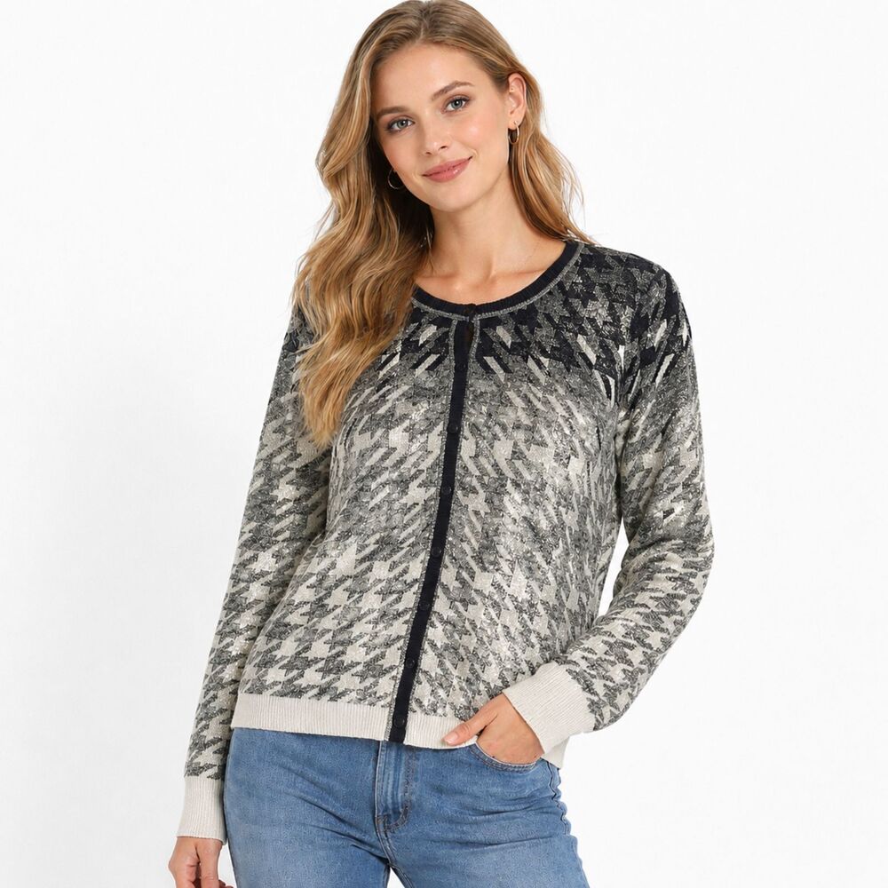 Foxcroft Houndstooth Cardigan Small Shimmer Knit Sweater NWOT